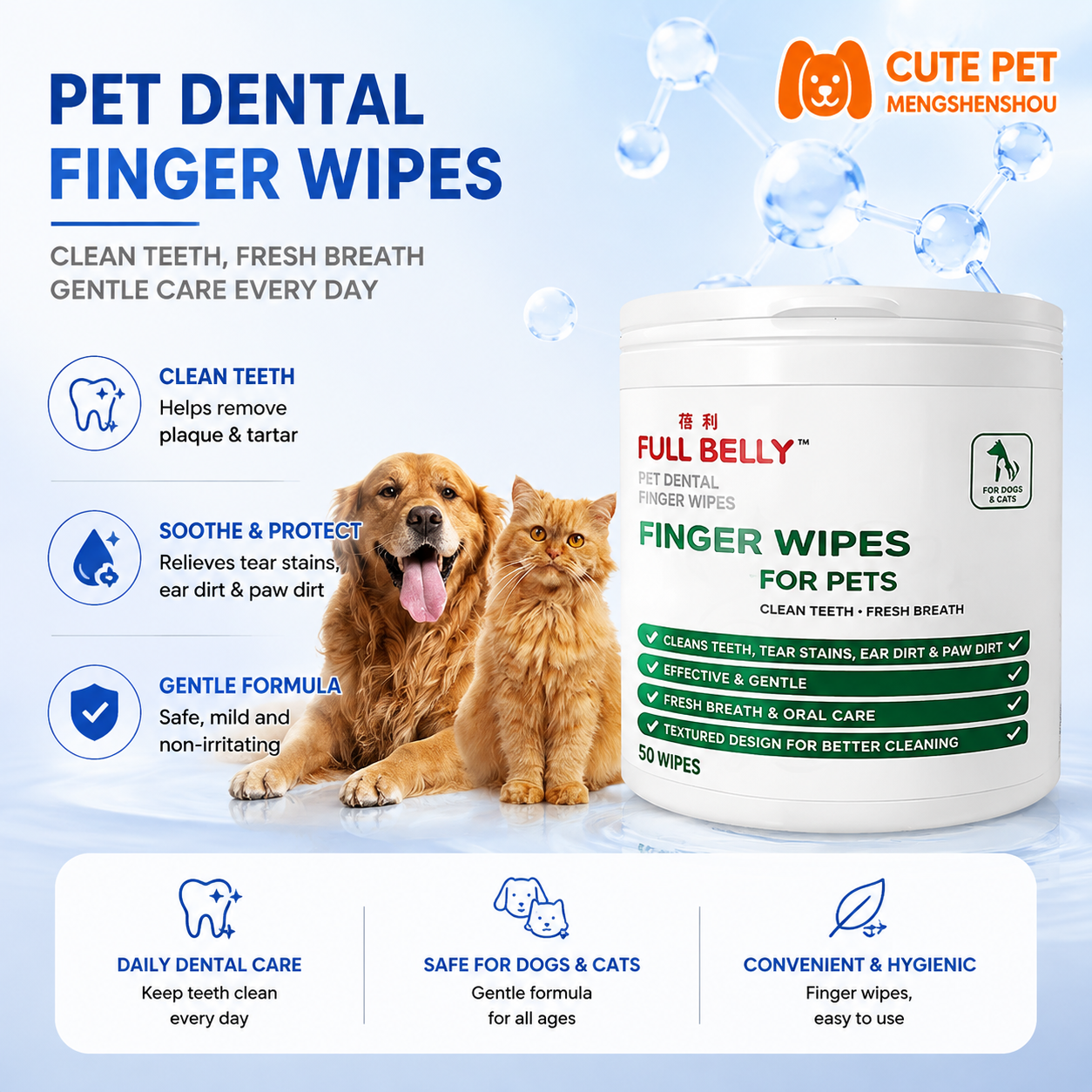 Haustier Fingerzahnbürste & Dental-Reinigungstücher für Katzen und Hunde, Mundpflege